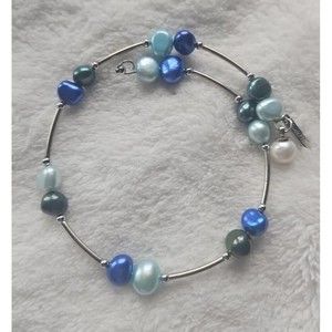 Vantel Pearl's Adjustable Pearl Silver Green Blue White Bracelet
